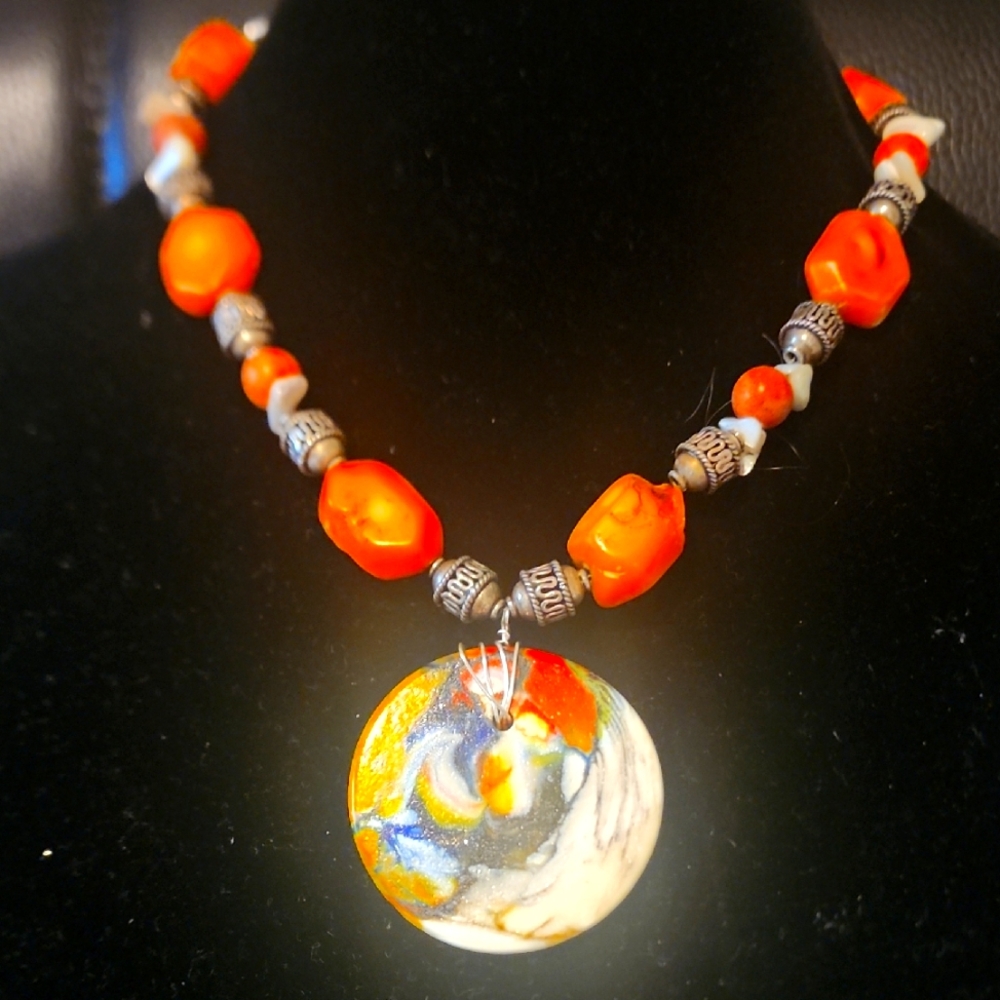 Handcrafted Orange and Silver Beaded Necklace And Bracelet Set